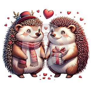 Hedgehog lovebirds on Valentine\'s Day,isolated, on white background, Generated AI