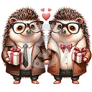 Hedgehog lovebirds on Valentine\'s Day,isolated, on white background, Generated AI