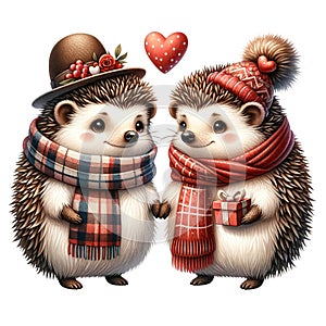 Hedgehog lovebirds on Valentine\'s Day,isolated, on white background, Generated AI