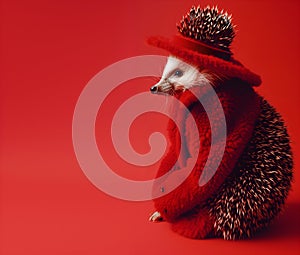 Hedgehog in luxury wealthy fancy chic luxurious impeccable fur feather fabric outfits isolated on bright background