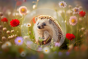 Hedgehog on the meadow, flowers.