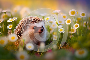 Hedgehog on the meadow, flowers.