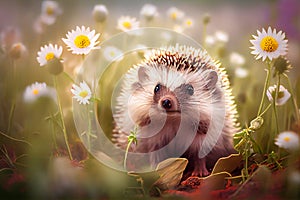 Hedgehog on the meadow, flowers.