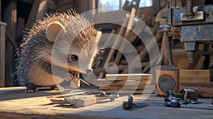 Hedgehog nailing wood together in a workshop..