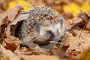 hedgehog nestled in a leafcovered burrow