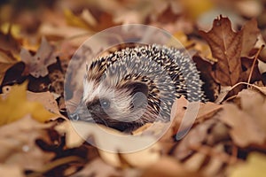 hedgehog nestled in a leafcovered burrow
