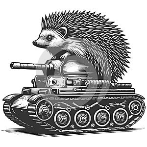 Hedgehog Operating Military Tank engraving vector