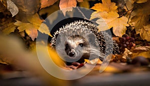 A hedgehog peeking out of a leaves. Generated with AI