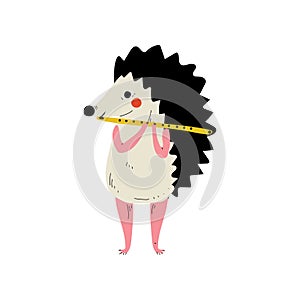 Hedgehog Playing Flute, Cute Cartoon Animal Musician Character Playing Musical Instrument Vector Illustration