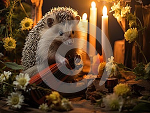 Hedgehog playing mini harp closeup shot