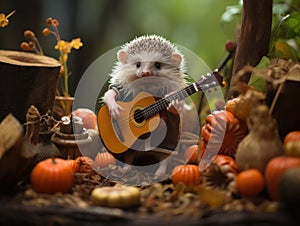Hedgehog playing mini harp closeup shot