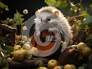 Hedgehog playing mini harp closeup shot