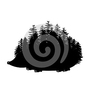 Hedgehog with quills as pine trees silhouette. Spiny forest animal contour vector illustration.