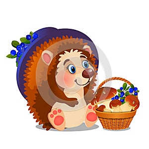 Hedgehog with a ripe wild berries and mushrooms isolated on white background. Sample of poster, party holiday invitation