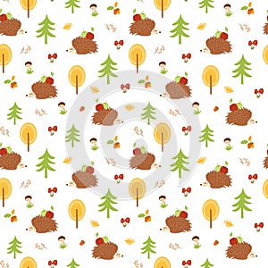 Hedgehog seamless pattern. Autumn forest seamless pattern Cute colorful fall background. Nature print, wallpaper