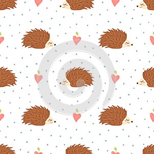 Hedgehog seamless pattern. Cute animal forest background with pink hearts. Polka dot ornament. Endless baby texture