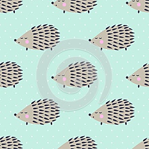 Hedgehog seamless pattern on polka dots background. Cute cartoon animal background.