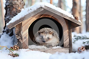 Hedgehog in snowy wooden shelter.