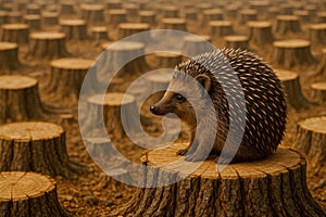 A hedgehog on a stump in the middle of a felled forest. Space for text.