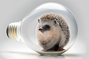 hedgehog trapped in electric light bulb isolated on light background, generative ai