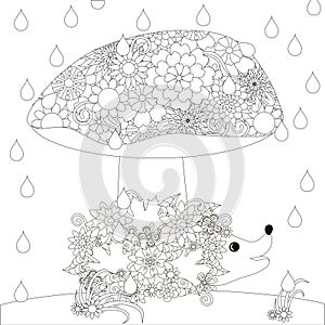 Hedgehog under mushroom coloring page. Floral cute cartoons monochrome animal