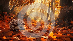 Hedgehog Walking on Autumn Leaves Path in Misty Forest