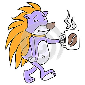 A hedgehog is walking sleepily carrying a glass of coffee, doodle icon image kawaii photo