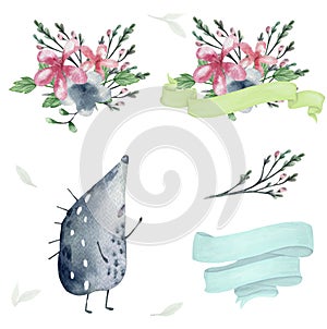 Hedgehog watercolor bounquet design flowers bounquet data spring green Ribbons and frame drawing illustration geometric clip art f