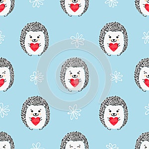 Hedgehogs with hearts seamless pattern.