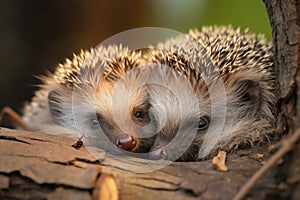 Hedgehogs, Scientific name: Erinaceus Europaeus. Close up of two wild, native European hedgehogs