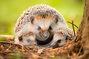 Hedgehogs, Scientific name: Erinaceus Europaeus. Close up of two wild, native European hedgehogs