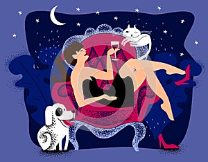 Hedonism. girl in black dress and red shoes resting at home and drinking wine at night. Evening relax in armchair with pets. photo