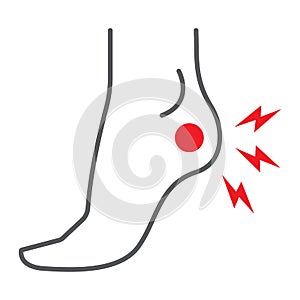 Heel pain thin line icon, body and painful, foot ache sign, vector graphics, a linear pattern on a white background.