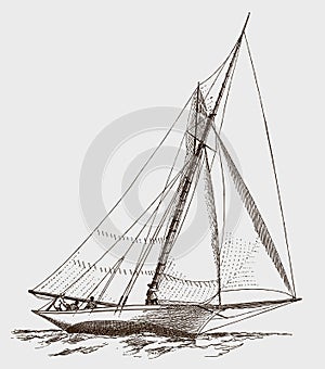Heeling sloop with four yachtsmen aboard