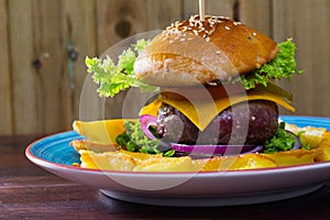 Heeseburger with beef, tomato, cheese, cucumber and french fries