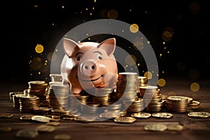 Hefty Piggy bank saving coins cash. Generate Ai