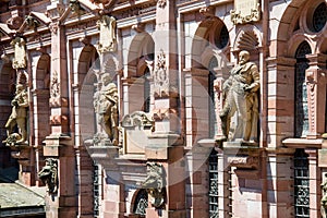 Heidelberg architecture, historic windows and statues