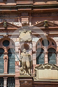 Heidelberg architecture, historic windows and statues