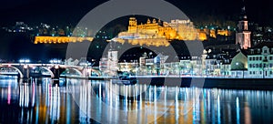 Heidelberg city panorama with Neckar river at night, Baden-Wurttemberg, Germany