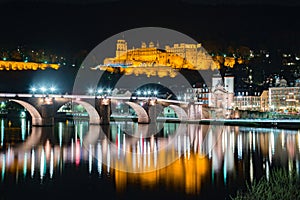 Heidelberg city panorama with Neckar river at night, Baden-Wurttemberg, Germany