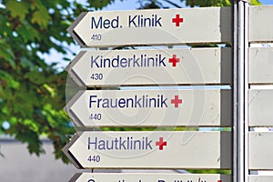 Heidelberg, Germany - Road signs pointing direction to various German hospitals