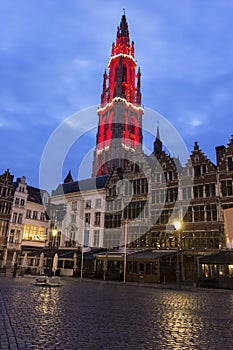 Heighlighted Cathedral of Our Lady in Antwerp in Belgium