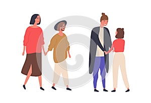 Height difference couples flat vector illustrations. Smiling pairs walking together, tall and short partners