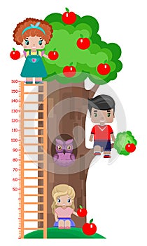 Height meter for children, with an apple tree and children, the boy and two girls under a tree and on a tree of different growth