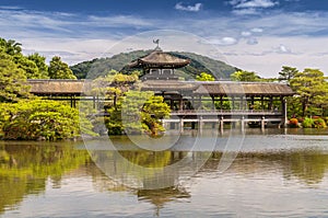Heijan jingu shrine garden, Kyoto, Japan. Traditional wooden bridge reflecting in a lake, surrounded by green summer garden