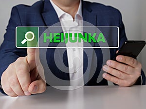 HEIJUNKA phrase on the screen. Broker use cell technologies at office. Concept search and HEIJUNKA photo