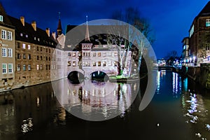 The Heilig-Geist-Spital at night in Nuremberg, Germany.