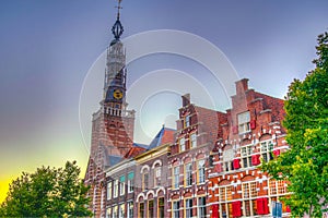 Heilige Lodewijkkerk church and classical facades of houses in Leiden, Netherlands
