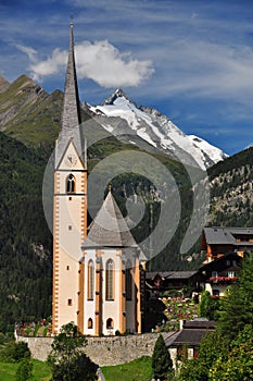 Heiligenblut church in front of Grossglockner peak