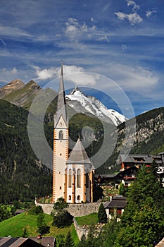 Heiligenblut church in front of Grossglockner peak